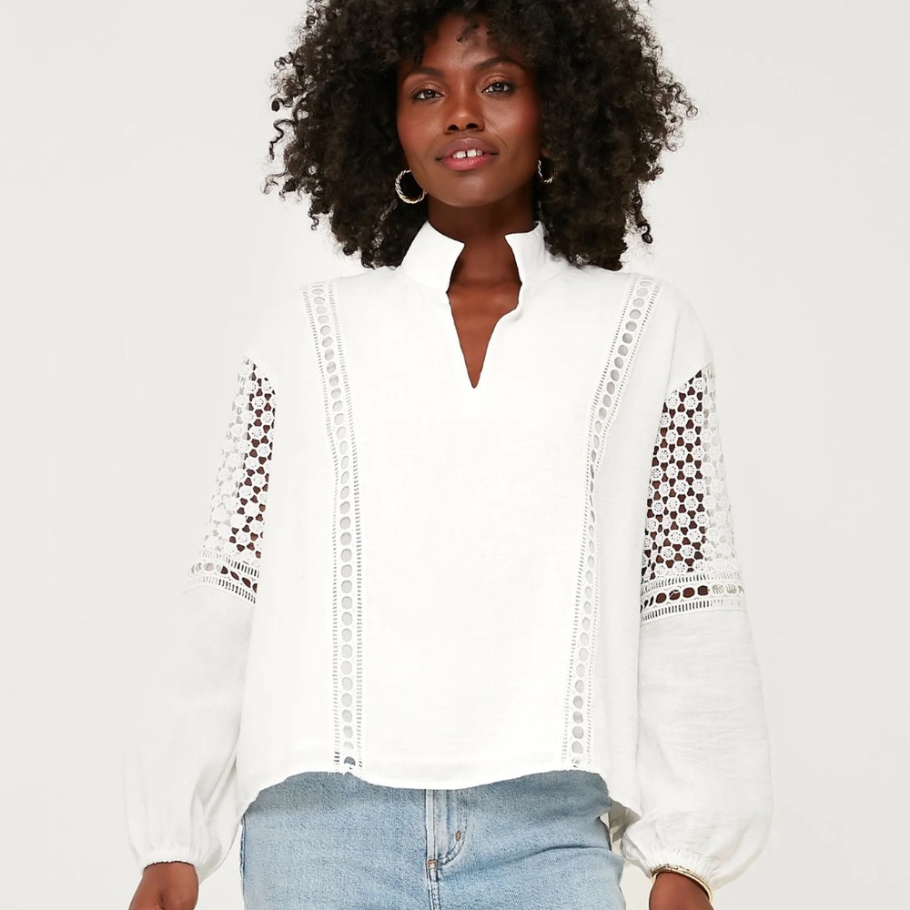 Tuckernuck White Eyelet Jane Blouse Crochet Puff Sleeve Women’s Size XXL